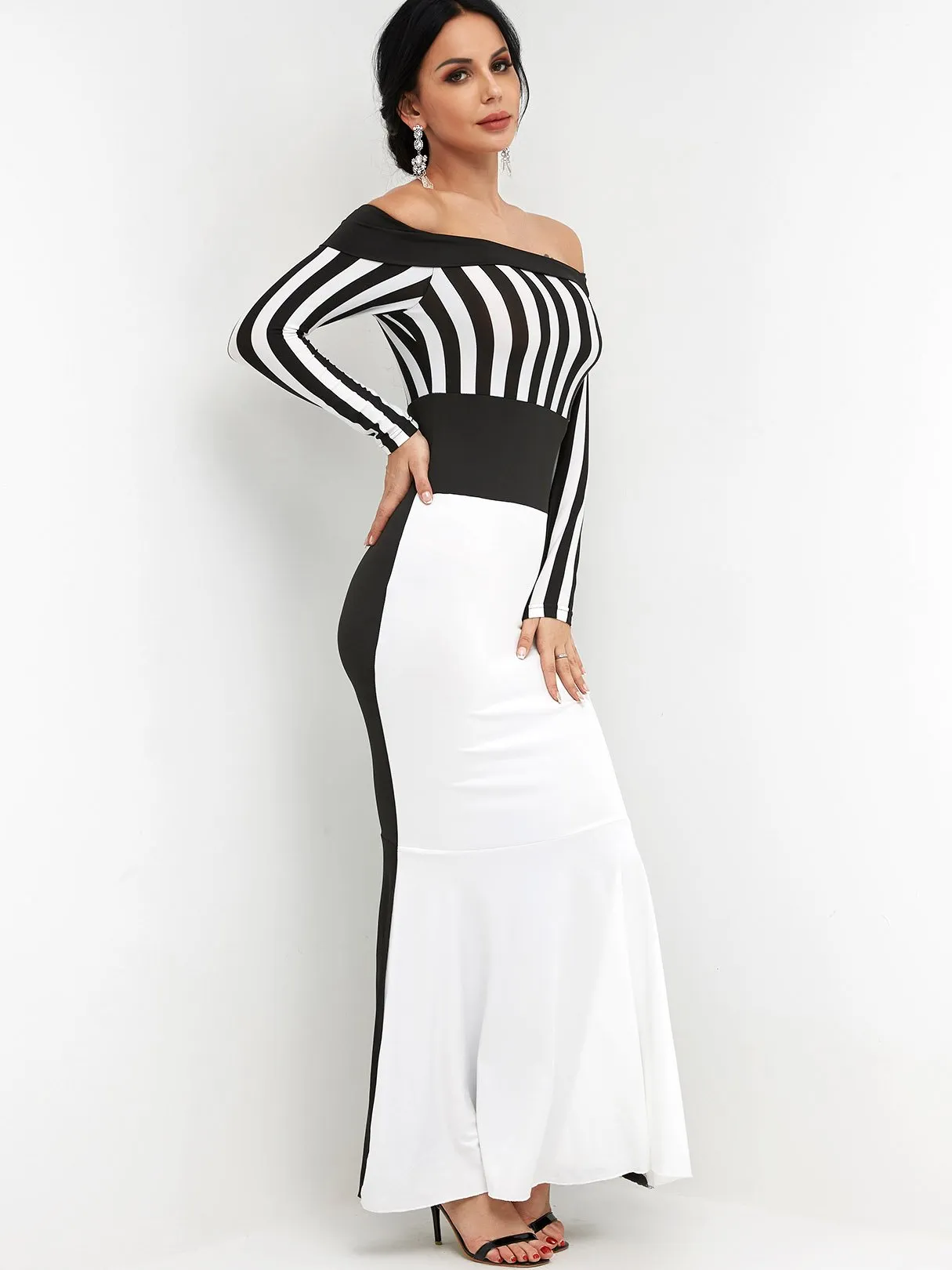 Wholesale Off The Shoulder Long Sleeve Stripe Zip Back Flounced Hem Maxi Dress