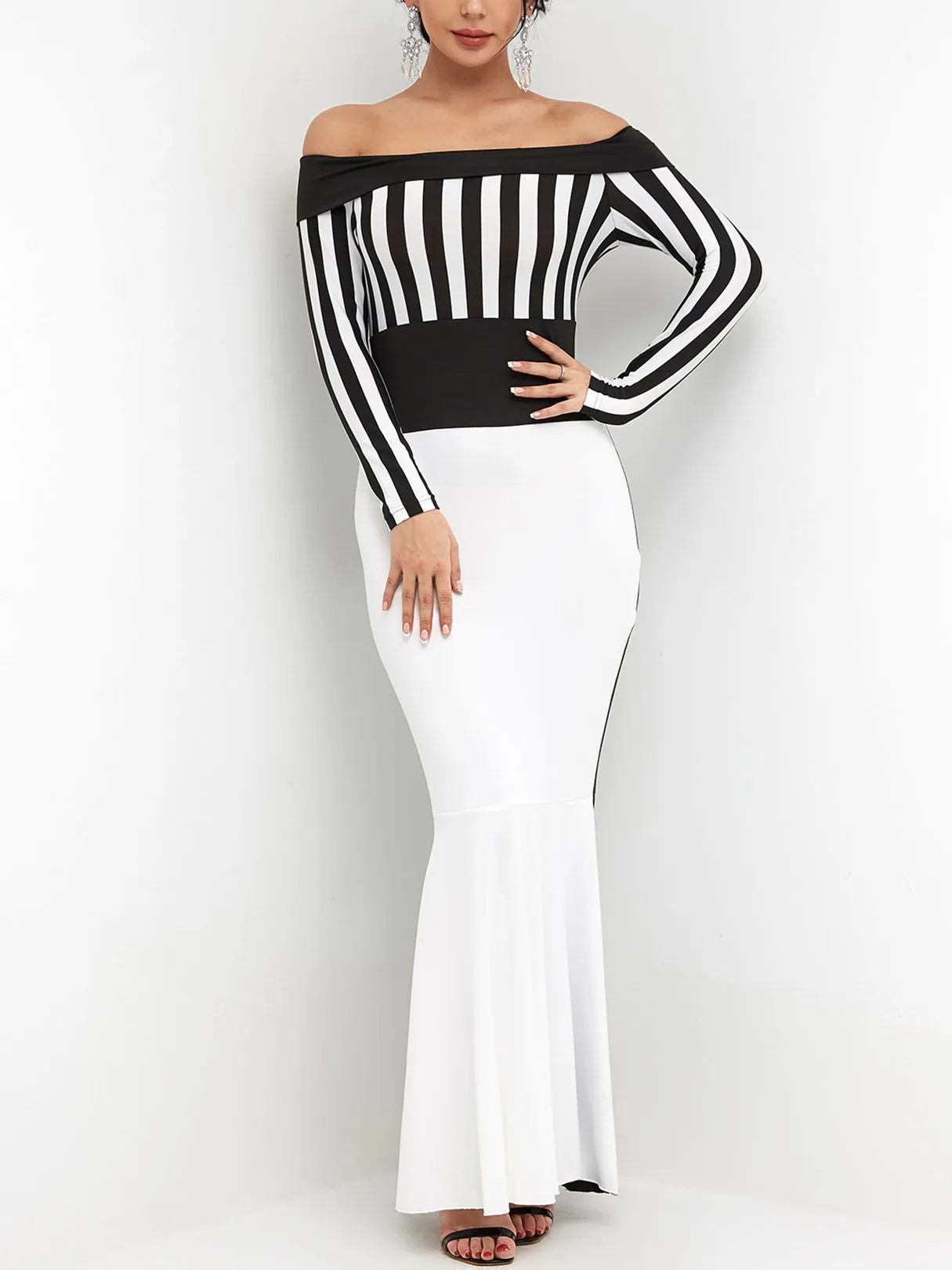 Wholesale Off The Shoulder Long Sleeve Stripe Zip Back Flounced Hem Maxi Dress