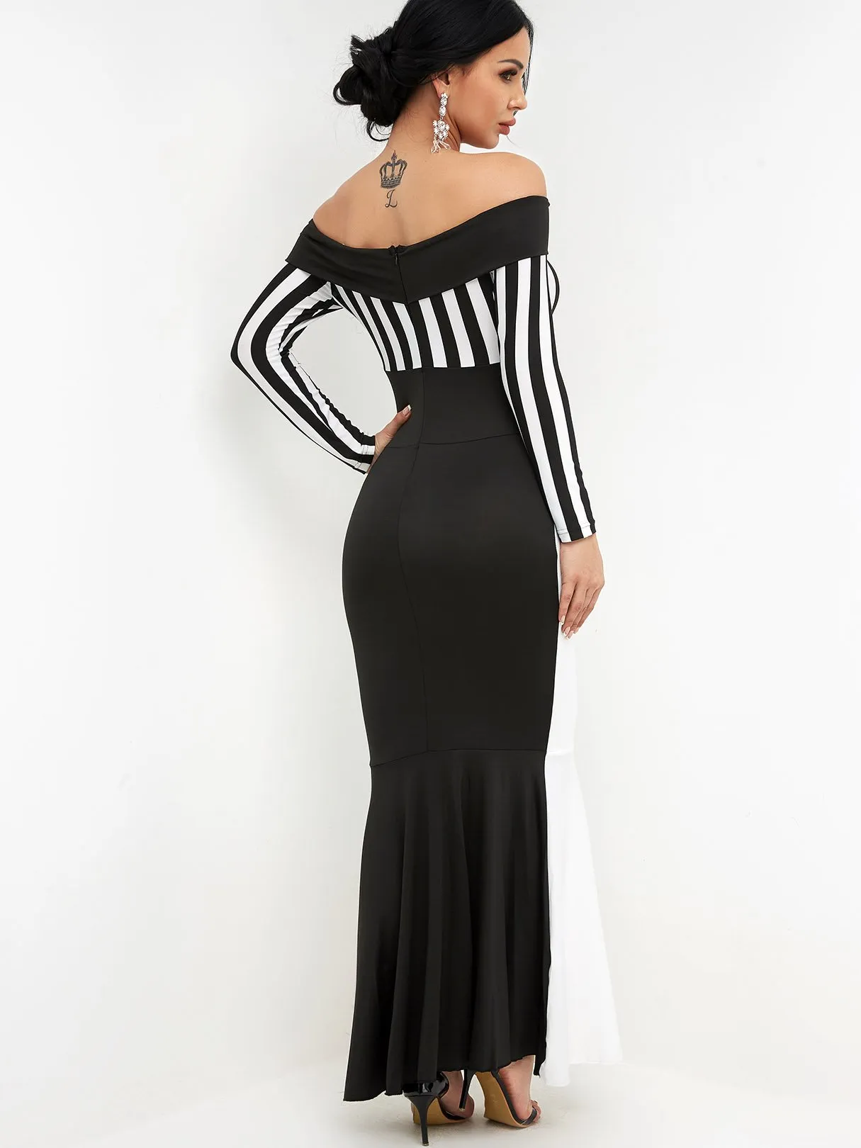 Wholesale Off The Shoulder Long Sleeve Stripe Zip Back Flounced Hem Maxi Dress