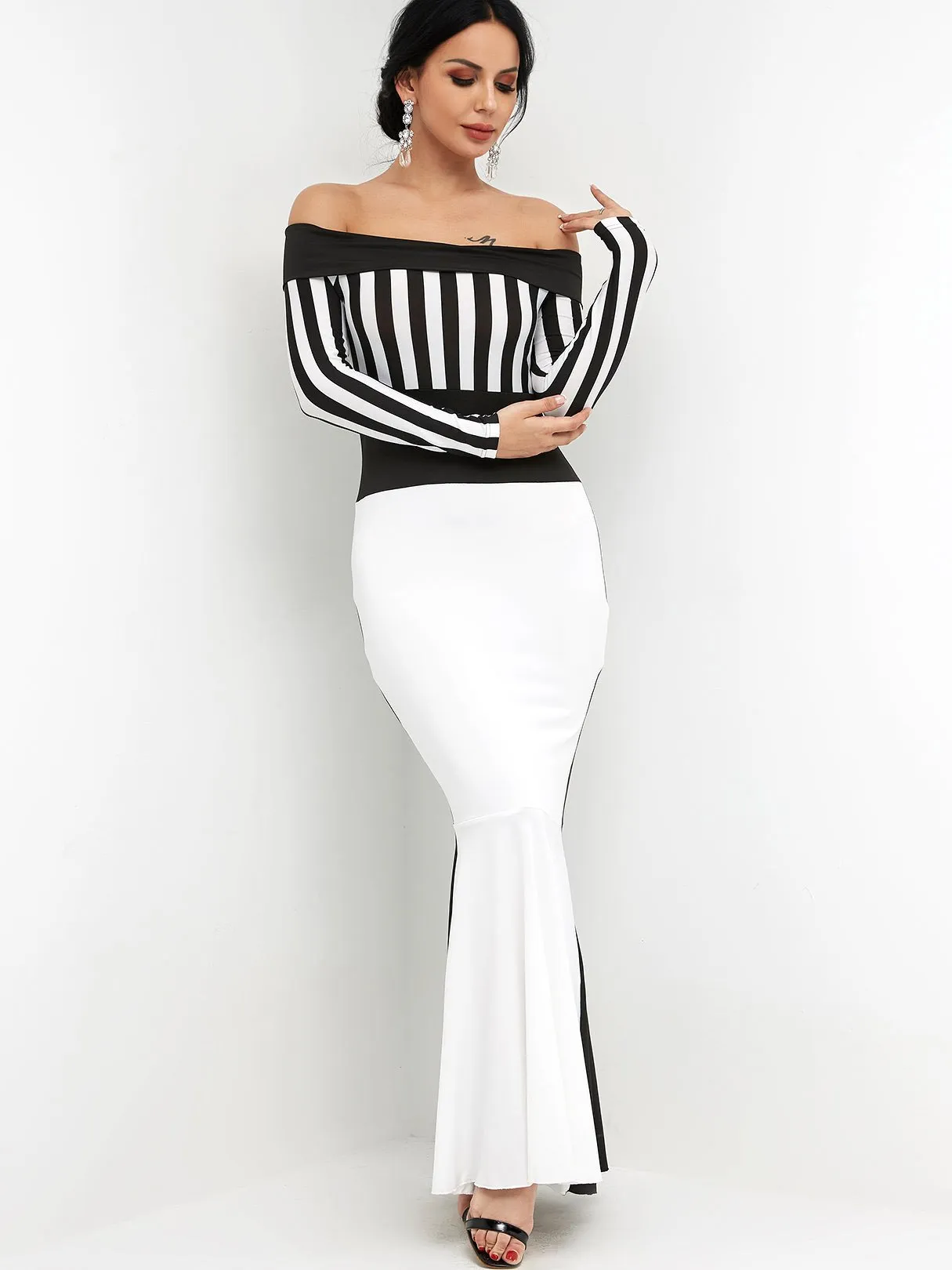 Wholesale Off The Shoulder Long Sleeve Stripe Zip Back Flounced Hem Maxi Dress