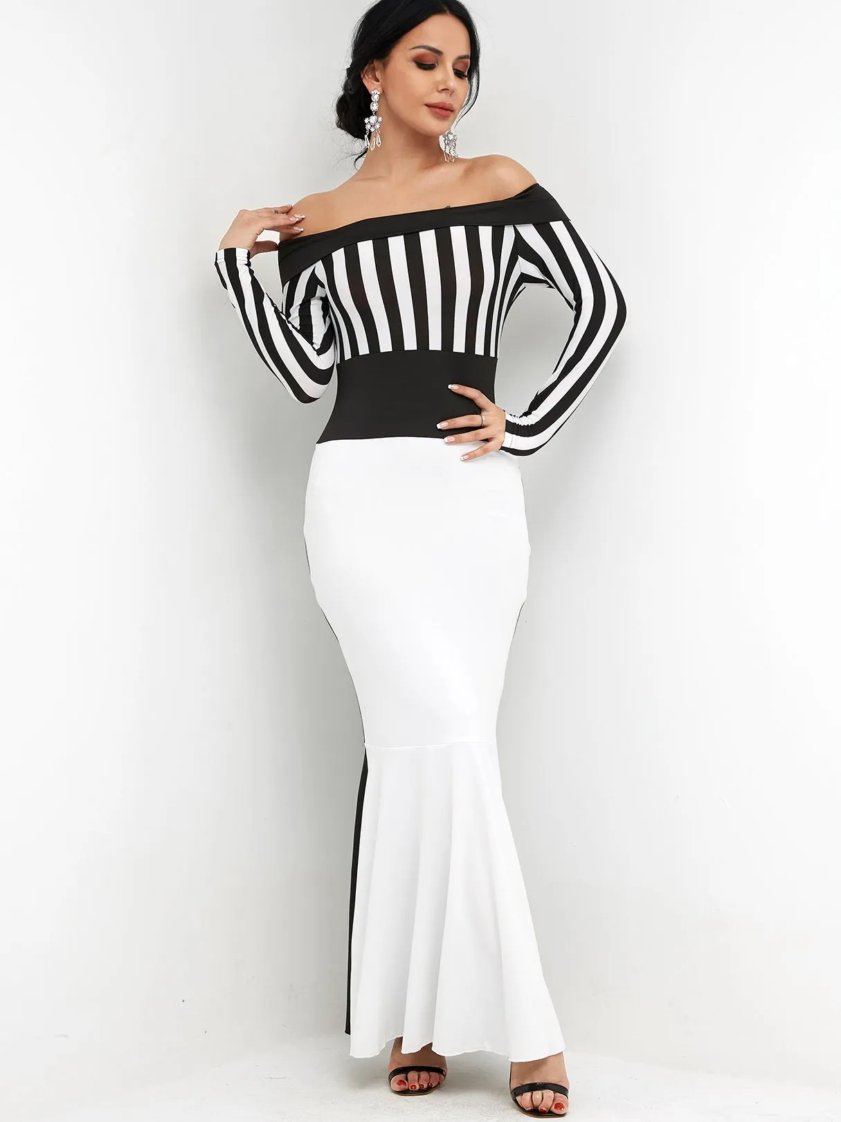 Wholesale Off The Shoulder Long Sleeve Stripe Zip Back Flounced Hem Maxi Dress