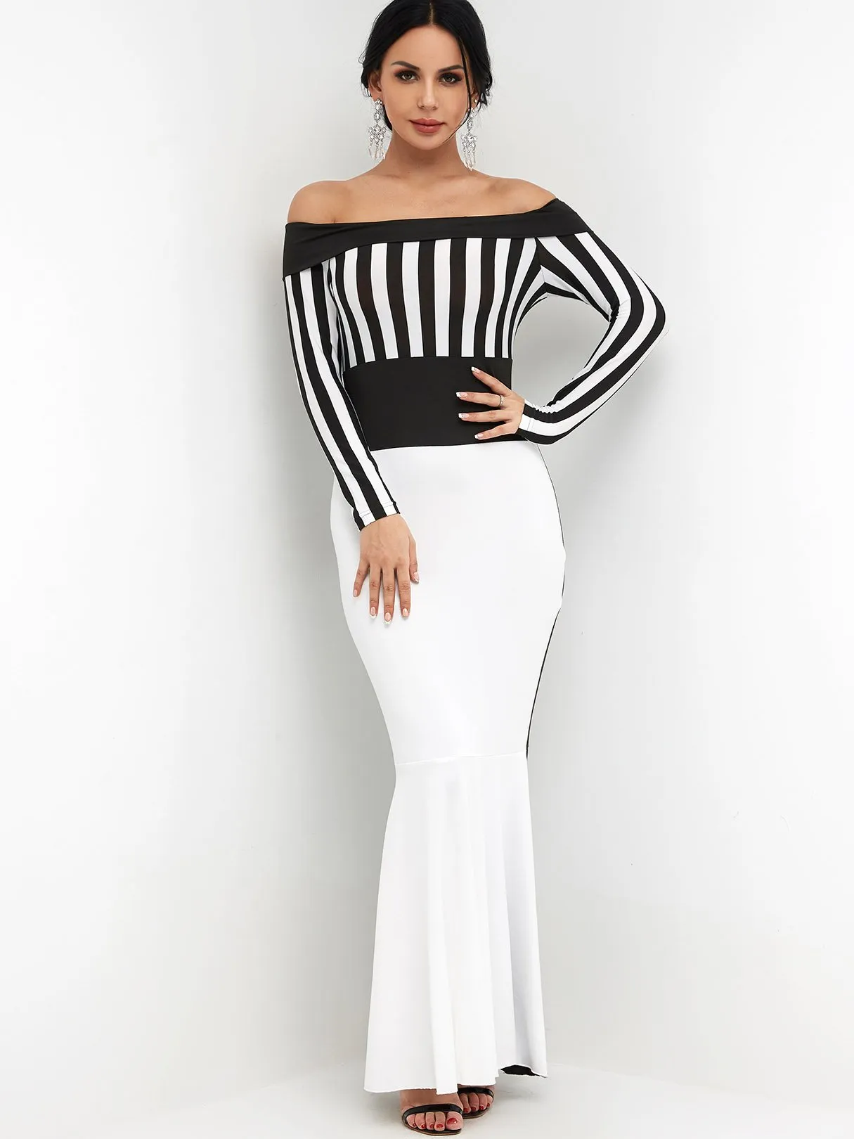 Wholesale Off The Shoulder Long Sleeve Stripe Zip Back Flounced Hem Maxi Dress