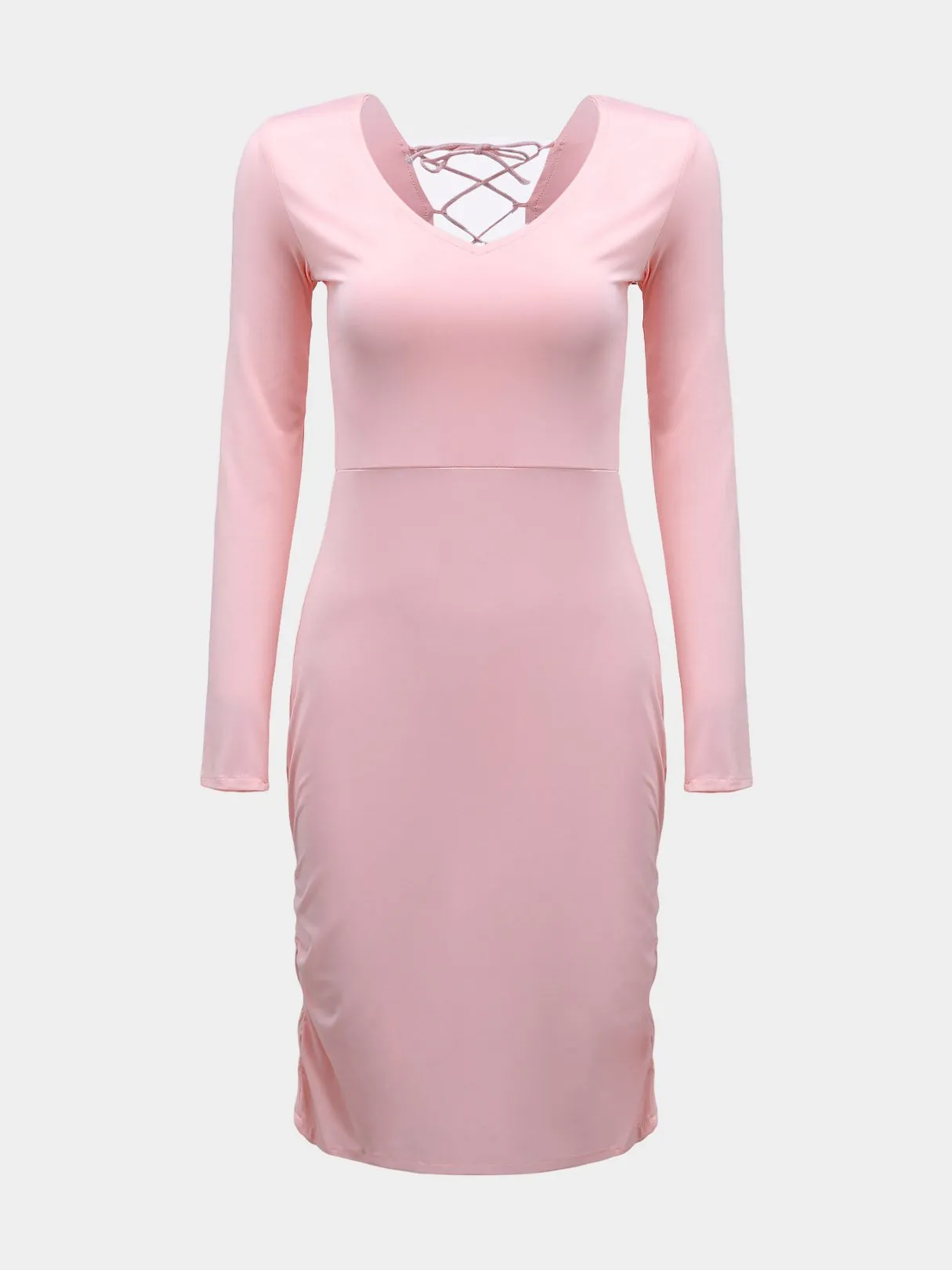 Wholesale Pink V-Neck Long Sleeve Plain Zip Back Hollow Lace-Up Pleated Midi Dress