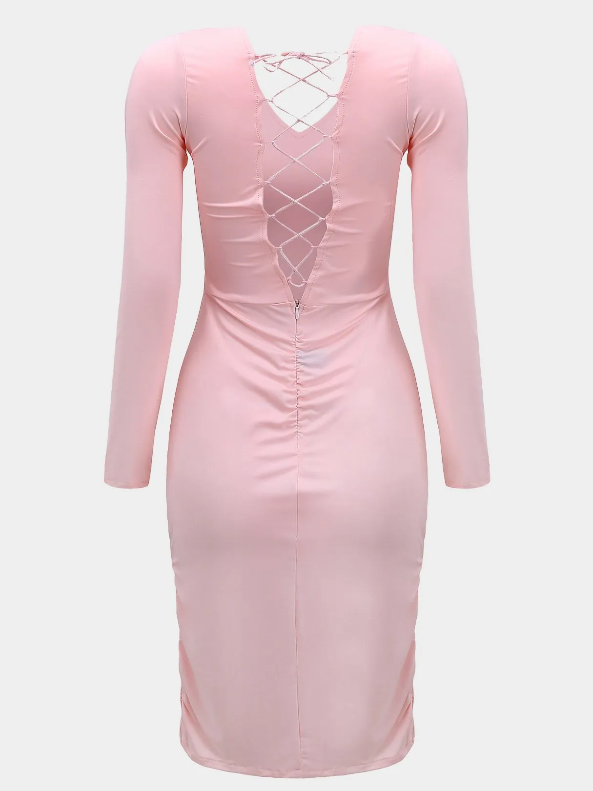 Wholesale Pink V-Neck Long Sleeve Plain Zip Back Hollow Lace-Up Pleated Midi Dress