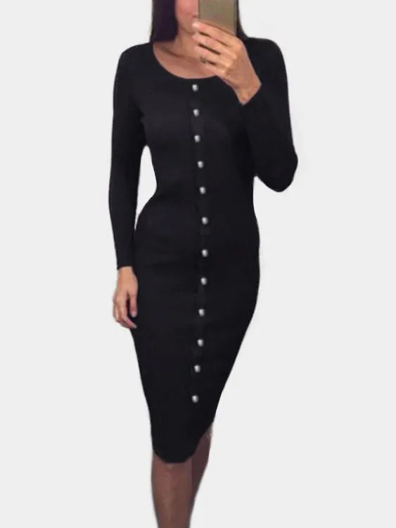 Wholesale Round Neck Long Sleeve Plain Midi Dress