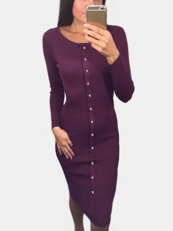 Wholesale Round Neck Long Sleeve Plain Midi Dress