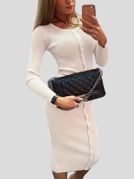 Wholesale Round Neck Long Sleeve Plain Midi Dress