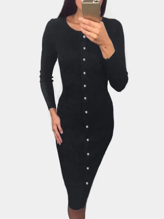 Wholesale Round Neck Long Sleeve Plain Midi Dress