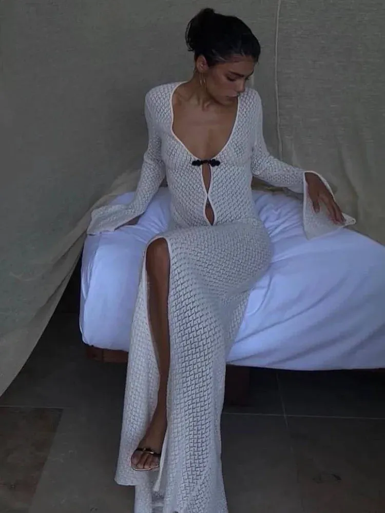 Women Sexy V-Neck Maxi Beach Hollow Out Summer White Split Long Dress Dress