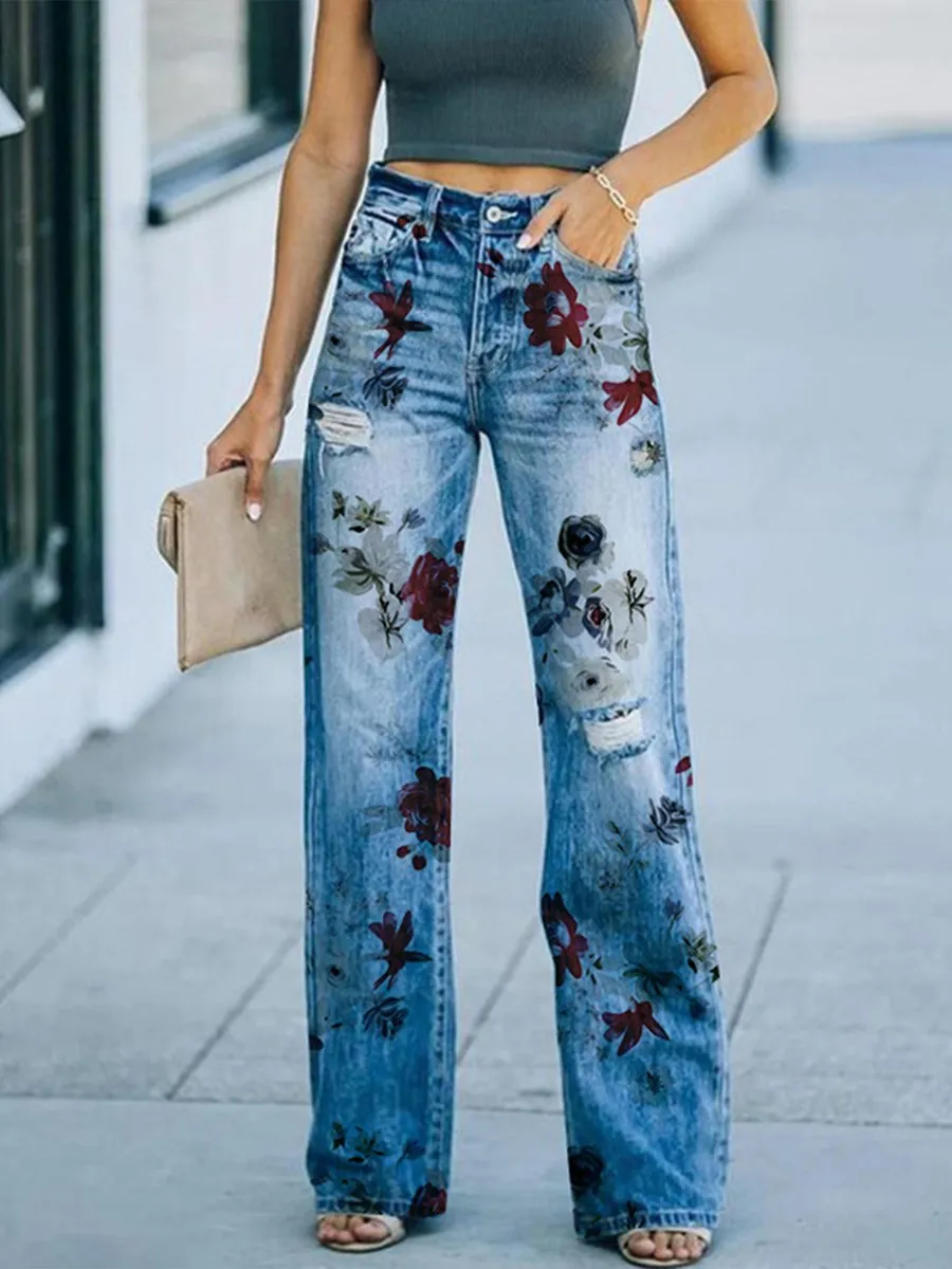 Women's Casual Printed Wide-Leg Pants Imitation Jeans