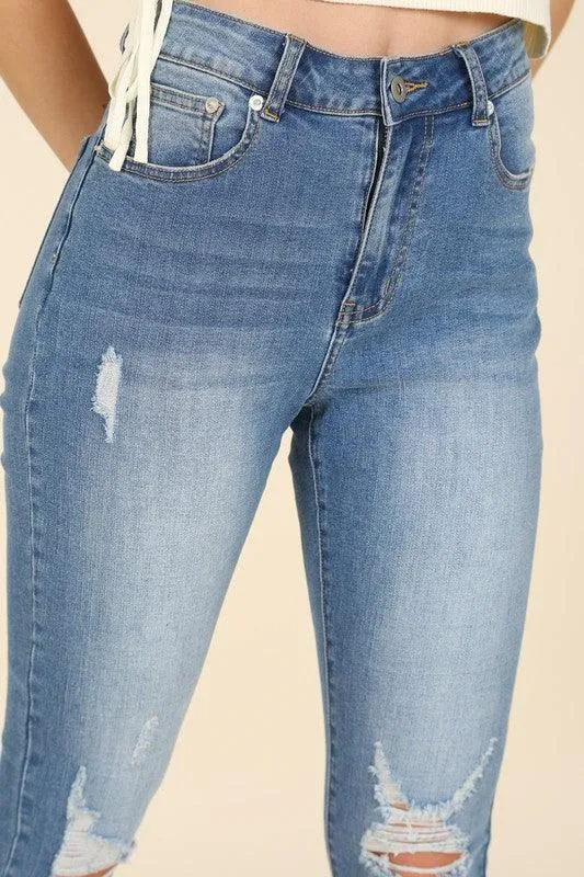 Womens Dark Wash Distressed Skinny Jeans