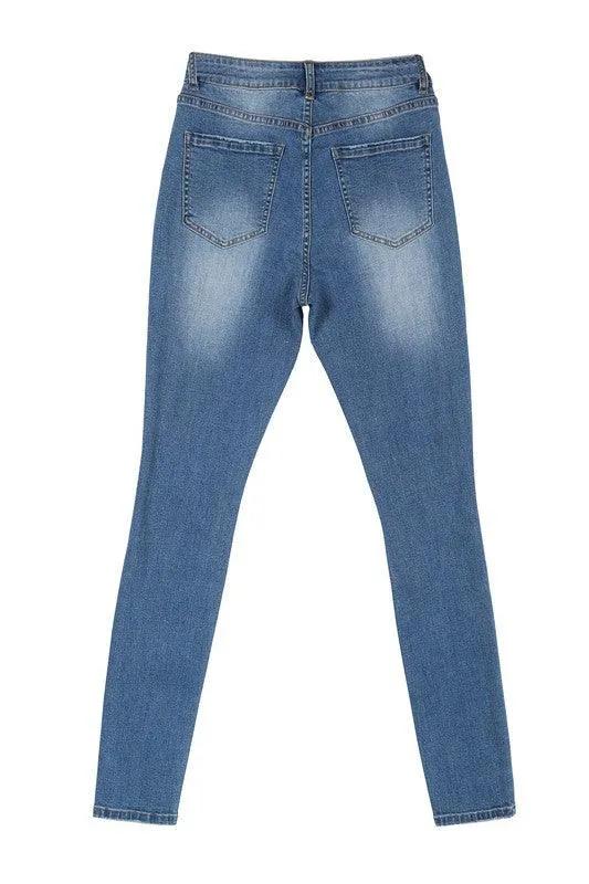 Womens Dark Wash Distressed Skinny Jeans