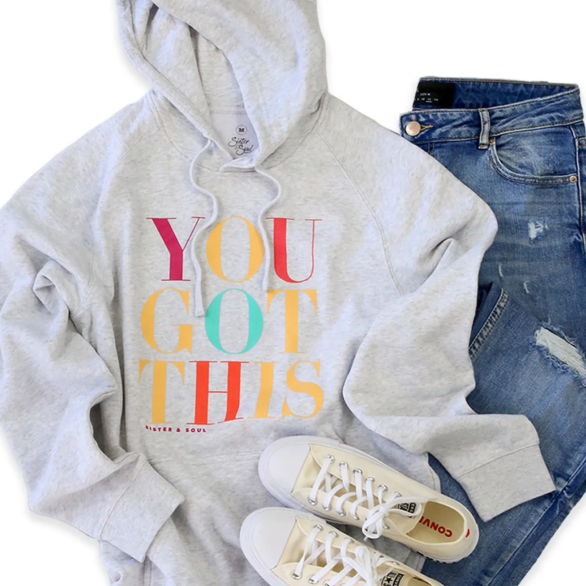 You Got This HOODIE - Light Grey Marle with Colourful Print